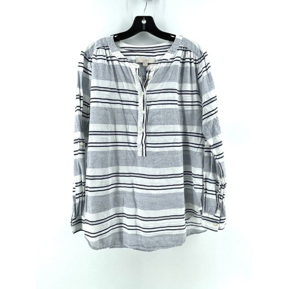 LOFT Tops - Ann Taylor LOFT Women's White Blue Striped Button Casual Peasant Top Medium Boho